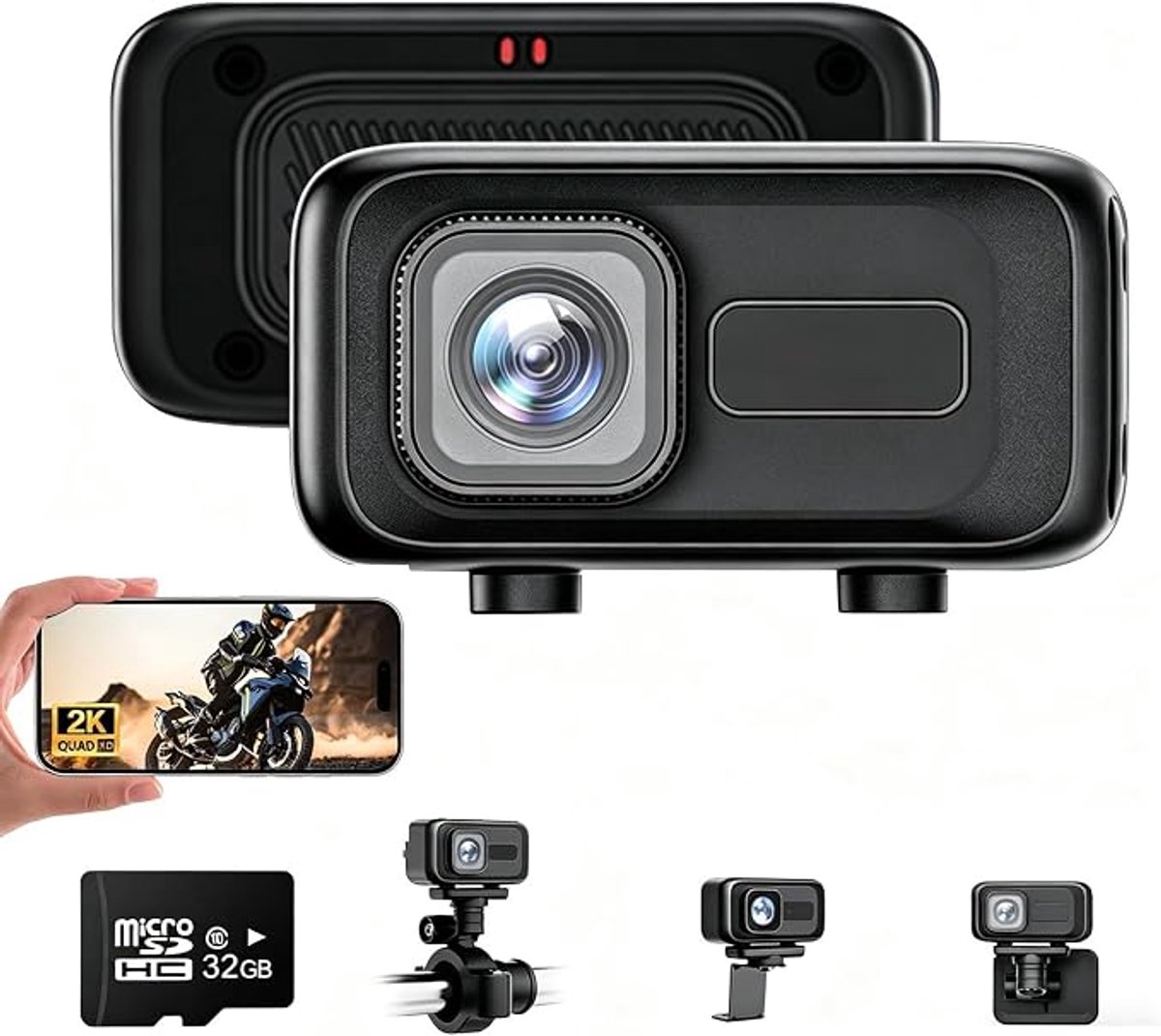 Action Cam Motorfiets, 2K 140° groothoek, motorcamera met 32 GB inbegrepen, voor motorfietsen en outdoorsporten