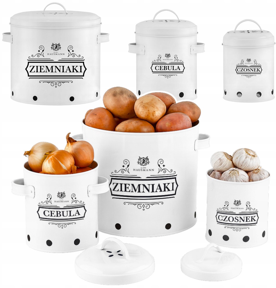 Karl Hausmann Set Witte Voedselcontainers voor Aardappelen, Uien, Knoflook