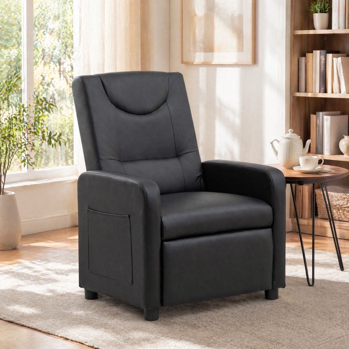 DESMIU Relaxfauteuil 95,5 Cm - Verstelbare Rugleuning En Uitklapbare Voetensteun - Voor Woonkamer En Tv-Kamer - PU - Zwart