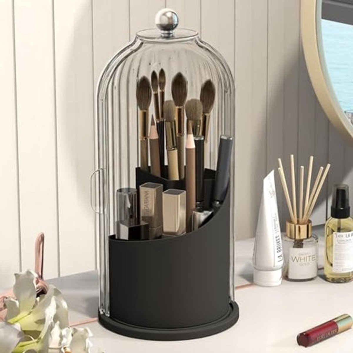 360 Rotating Makeup Brush Holder met Stofdichte Deksel voor Organisatie