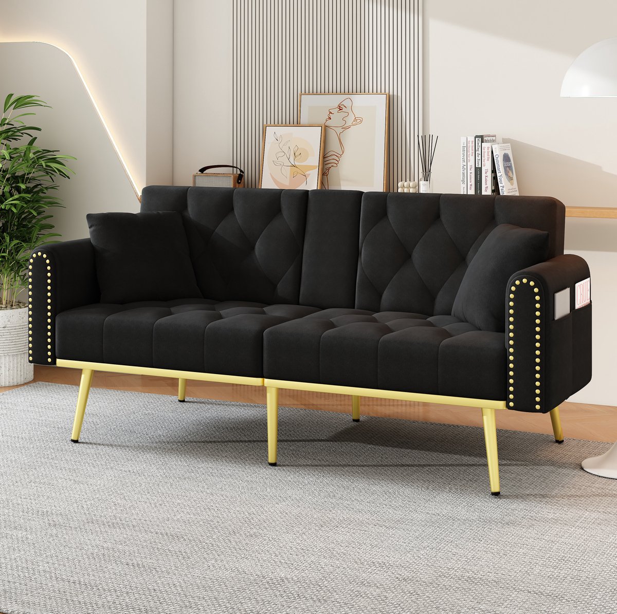 Wishdor Slaapbank - 2-zits met slaapfunctie en bekerhouder - Verstelbare rugleuning en opbergvak - Woonkamer slaapkamer logeerkamer - Velvet - Zwart - 175 x 80 x 73,5 cm