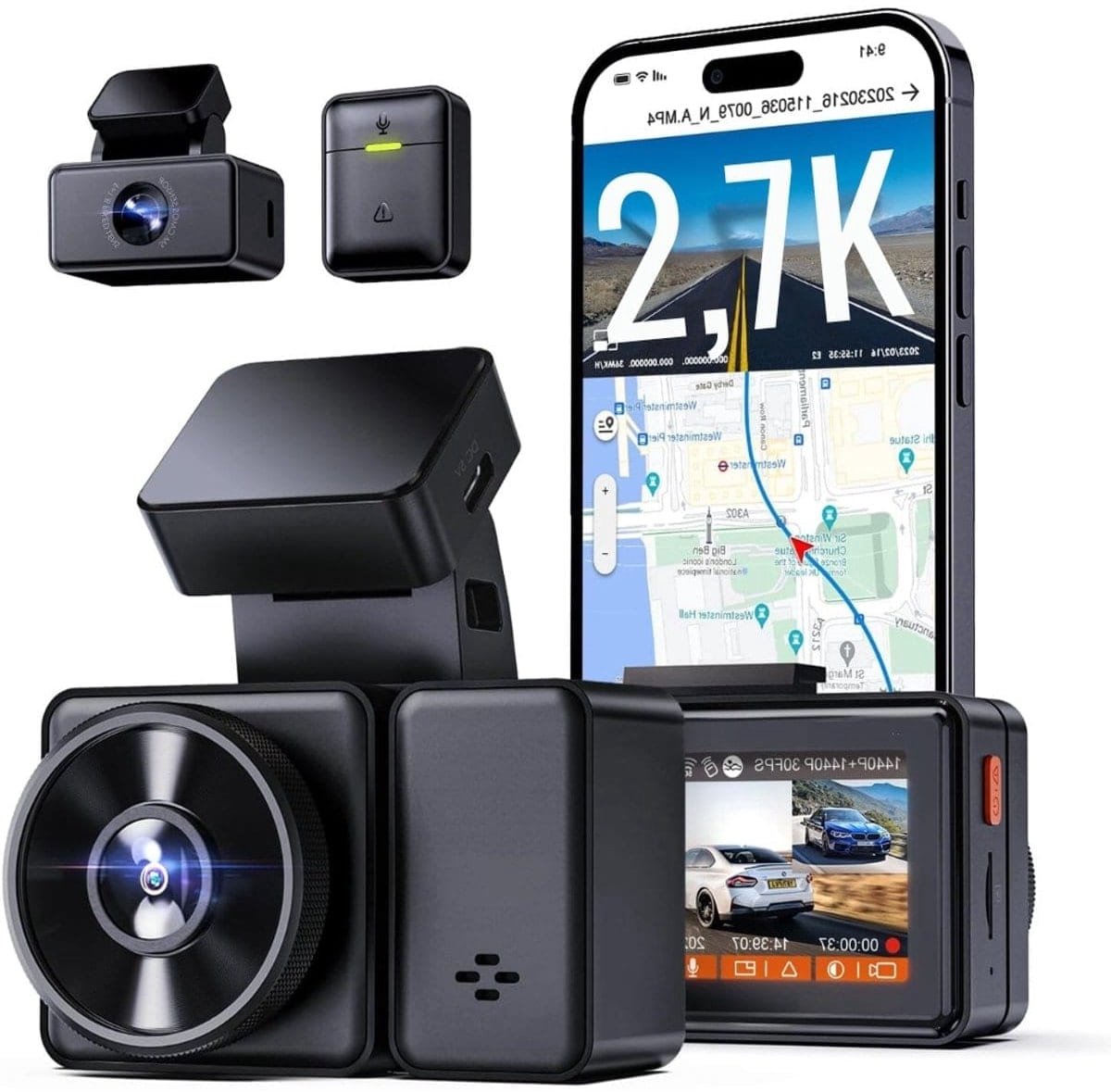 Klarven® Dashcam Voor En Achter - Auto Camera Met Nachtzicht - 2.7K Resolutie, GPS En WiFi, Parkeermodus - Zwart