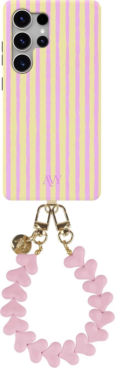 AVY Hoesje Met Telefoonkoord | Geschikt voor Samsung Galaxy S25 Ultra | Compatibel met MagSafe & Qi2 | Hard Shell Back Cover | Stijlvol Bijpassend Koord Polsbandje (30CM) | Pink Lemonade