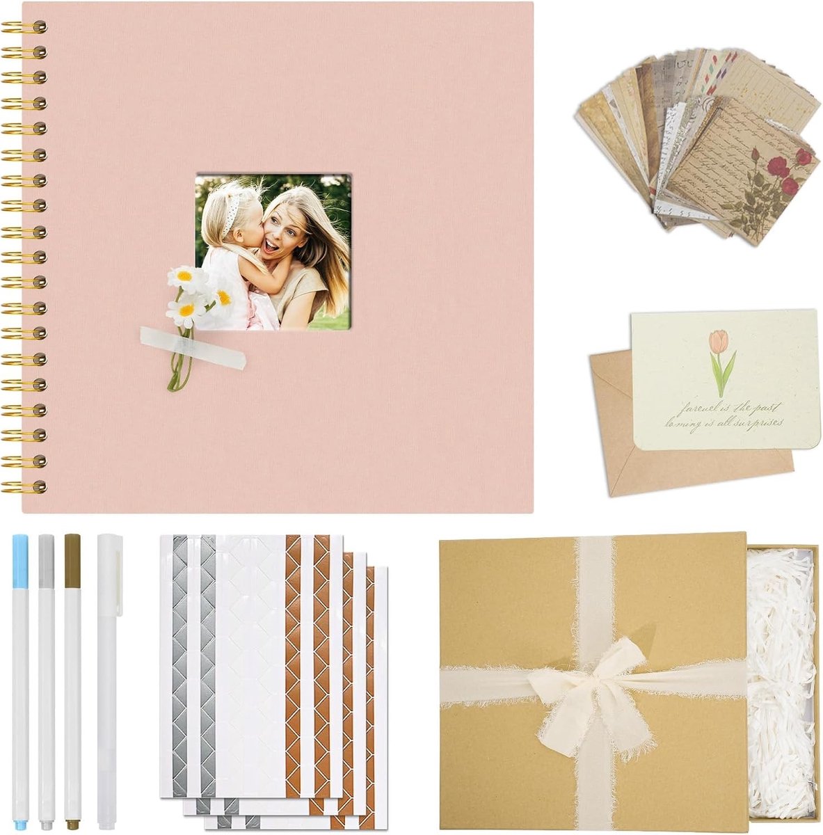 Fotoalbum 25.5 x 25.5 cm met Linnen Cover, 40 Witte Pagina's en Accessoires voor Bruiloft, Verjaardag en Reizen, Perfect Cadeau voor Elke Gelegenheid, Roze
