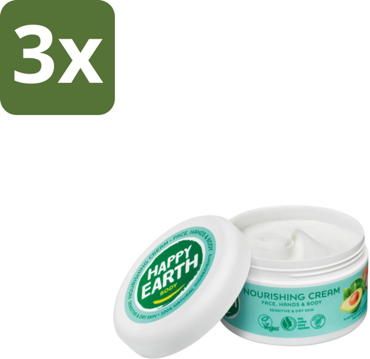 Happy Earth – Voedende Crème – 100% Natuurlijk – 200 ml - Bulkverpakking - 3 stuks