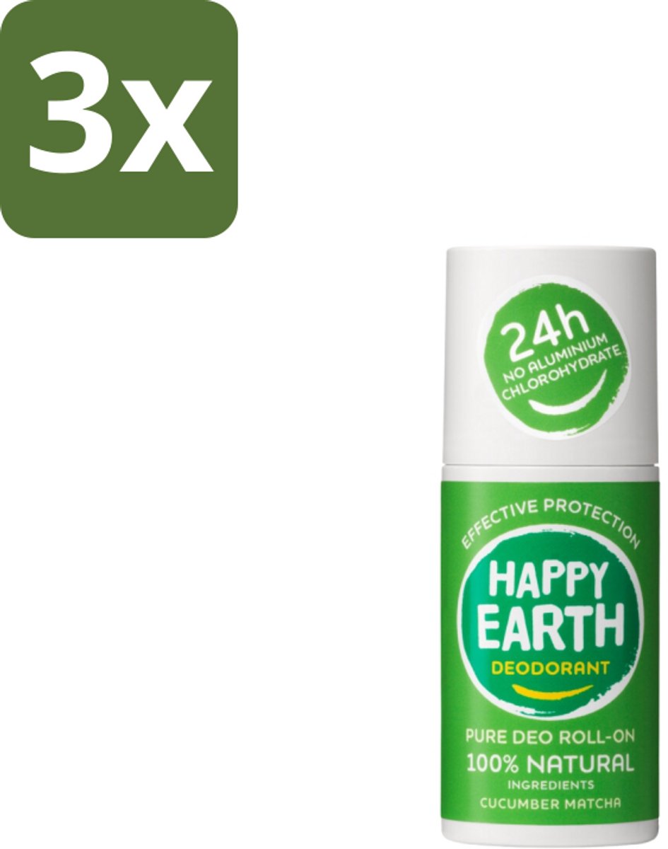 Happy Earth – Deodorant Roll-On – 100% Natuurlijk Cucumber Matcha – 75 ml - Bulkverpakking - 3 stuks