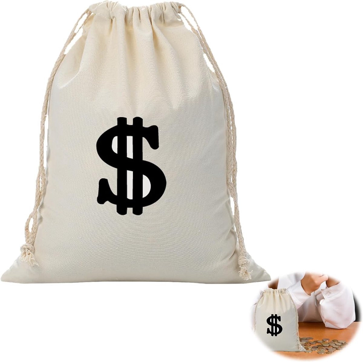 Grote witte geldzak van stof met dollar teken, veelzijdige tas voor kostuums, carnaval en accessoires voor kinderen en volwassenen