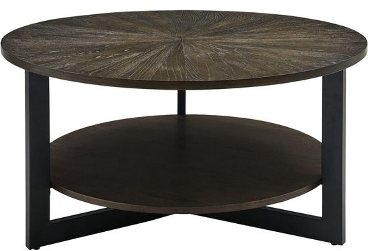 Ronde salontafel massief hout met metalen frame | 2 opbergvlakken | Industrieel design | Eenvoudige montage