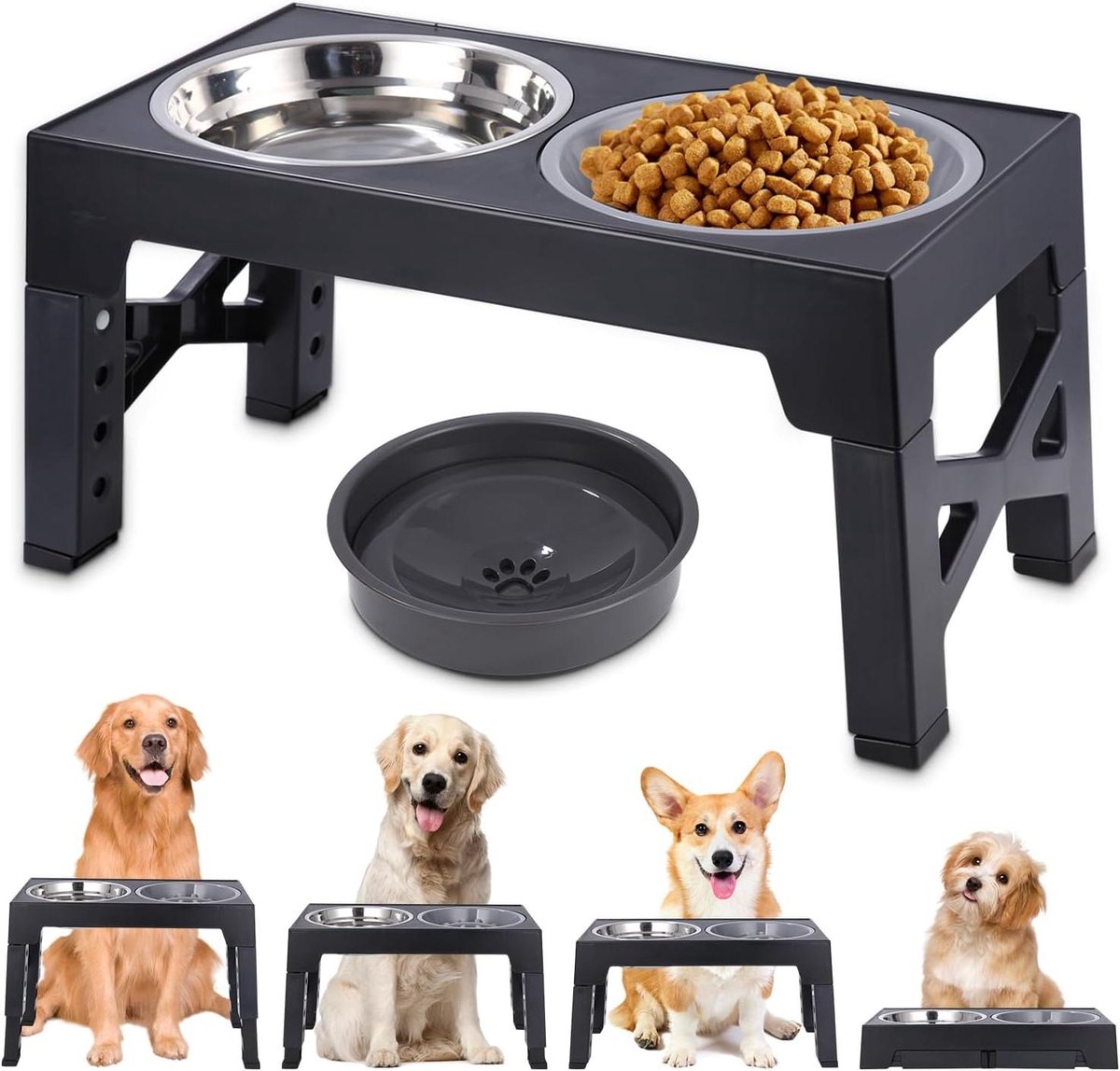 Hondenvoerbak Verhoogd - Voerstation Honden - Gezond Eten - 4 Hoogtes Verstelbaar - 1100 ml Cap. - Zwart