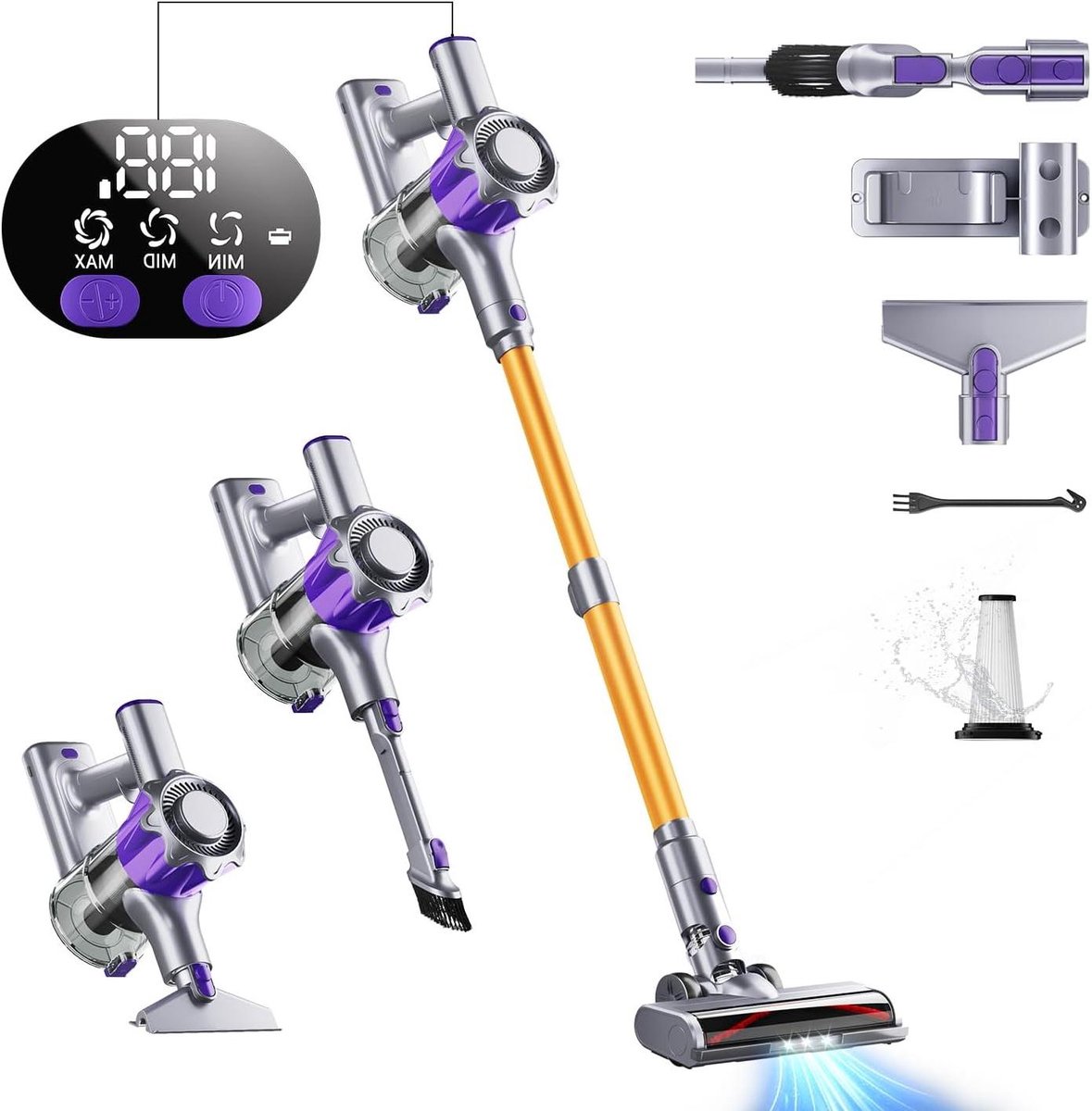 Draadloze Stofzuiger - Steelstofzuiger Krachtig - Huis Reinigen - Slim Display - 50 Min Looptijd - Paars Goud