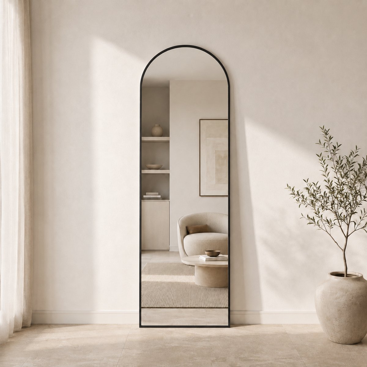 Lumoire Passpiegel Zwart 160x50 cm – Staande Spiegel en Wandspiegel – Boogvorm met Hoekige Onderkant