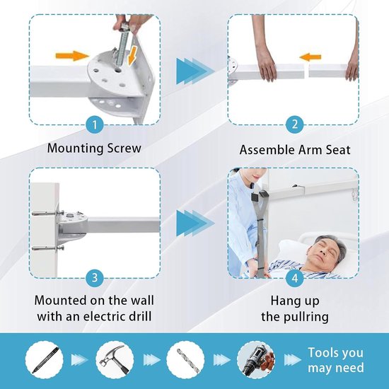 Trapeziumvormige Bedsteun voor Senioren, Mobiliteitshulpmiddel met Verstelbare Strap, Bedtafel en Steunbalk voor Veilig Opstaan — afbeelding 4