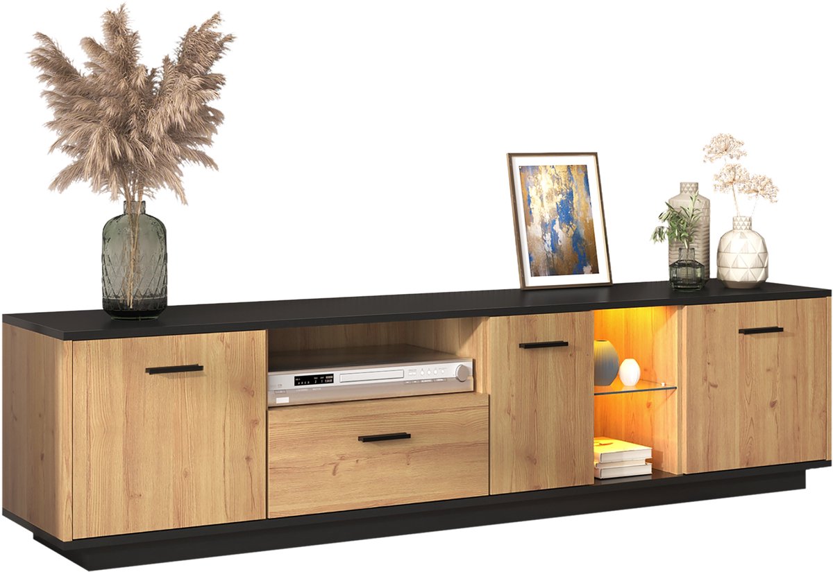 TV Meubel - 180 cm Met 3 Deuren Lade En Led - Zwart en Hout
