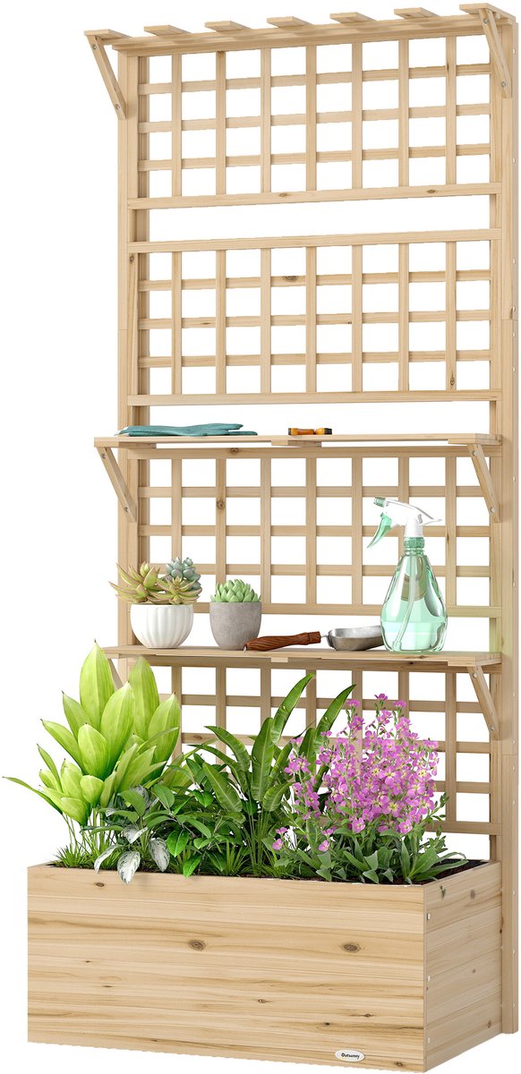 TEKROA® Plantenbak - Bloempot met klimrek en houten dak voor klimplanten, met 2 planken - drainage en binnenbekleding - 76x43,5x177 cm - naturel