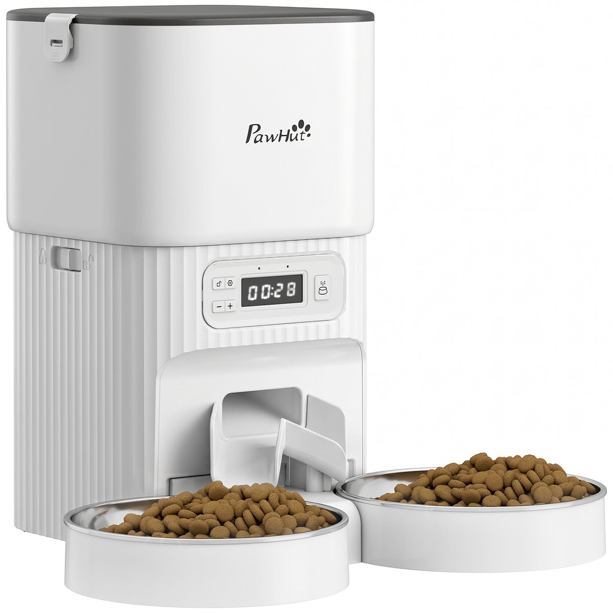 TEKROA® Voerautomaat - Automatische voerdispenser voor katten met timer - portiecontrole en 2 roestvrijstalen voerbakjes -wit