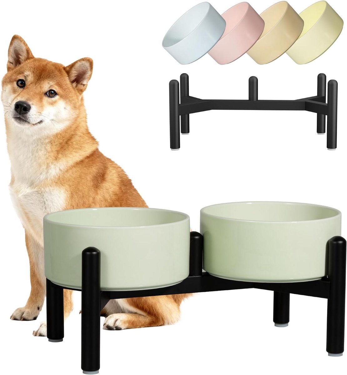 Verhoogde voerbak set - Dubbele keramische bak - Comfortabel eten - Antislip roestvrij staal - 600 ml - Groen