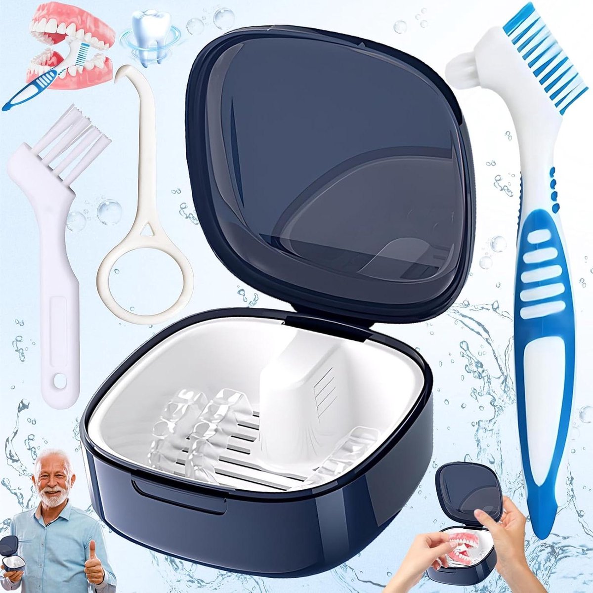 Kunstgebit Reinigingsset - Prothese Doos - Hygiënisch Opbergen - Inclusief 4 Delen - 90 gram - Blauw Wit