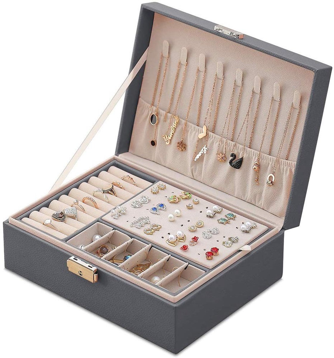 Solidchoice- Sieradenkistje Dubbellaags - Organizer voor Ringen/Oorbellen/Armbanden - Hoogwaardig PU-leer - Grote Capaciteit - Fluwelen Lay-out - Bescherming tegen Krassen - Sieradendoos