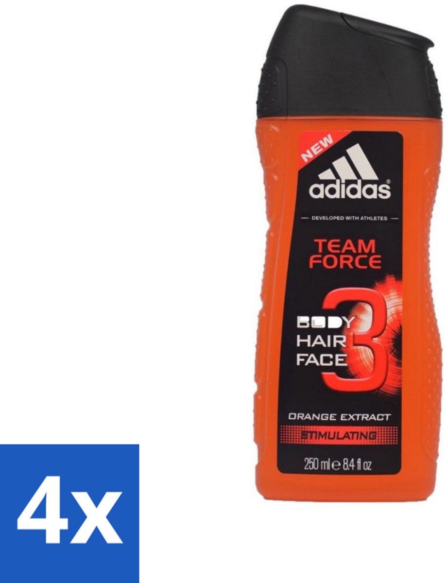 Adidas - 3-in-1 Douchegel - Team Force - Sinaasappel Extract - Stimulating - 250 ml - Voordeelverpakking - 4 stuks