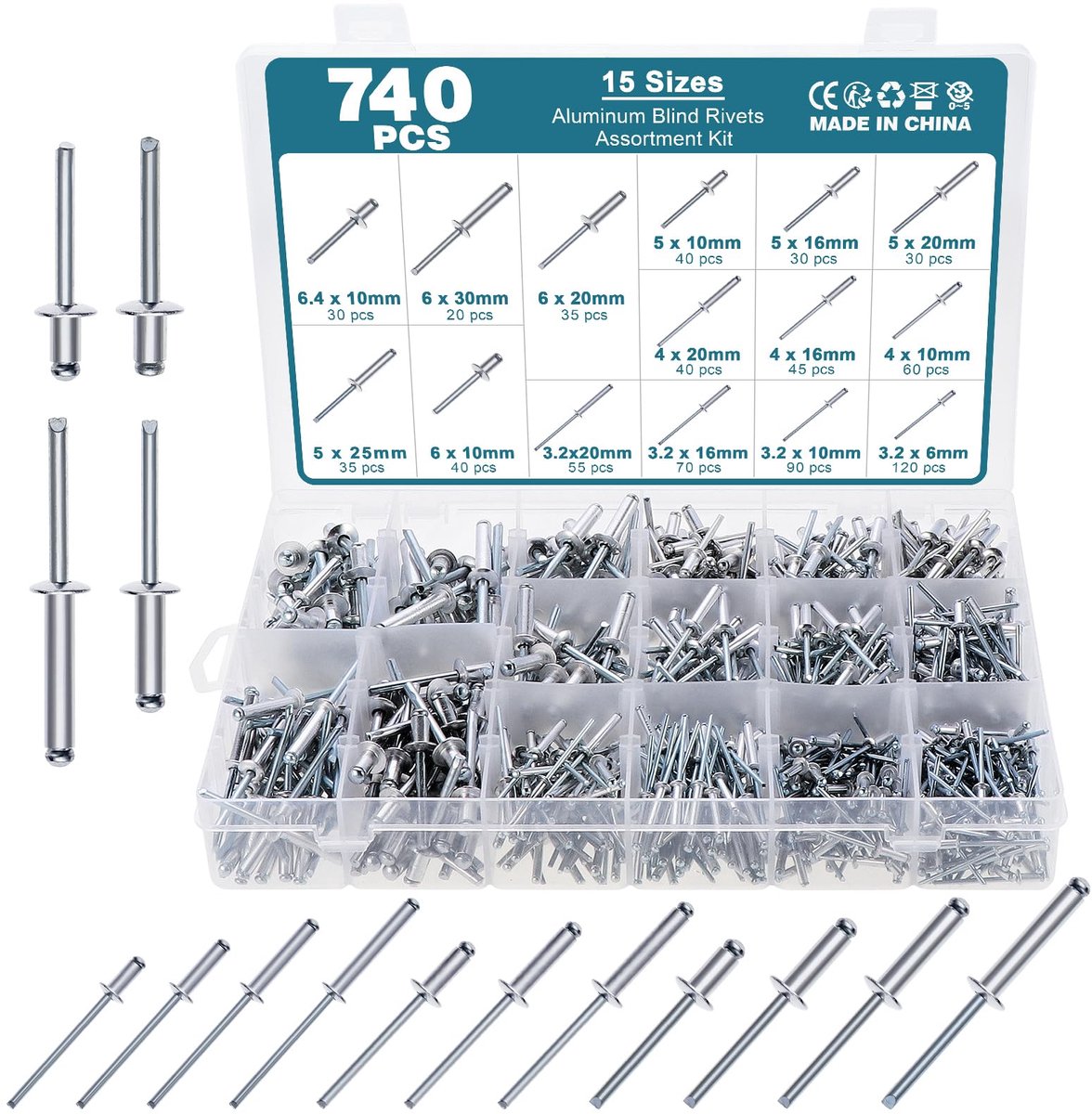 Solidchoice - 740pcs Blind Rivets van Aluminium - Dome Head Pop Rivets Set
