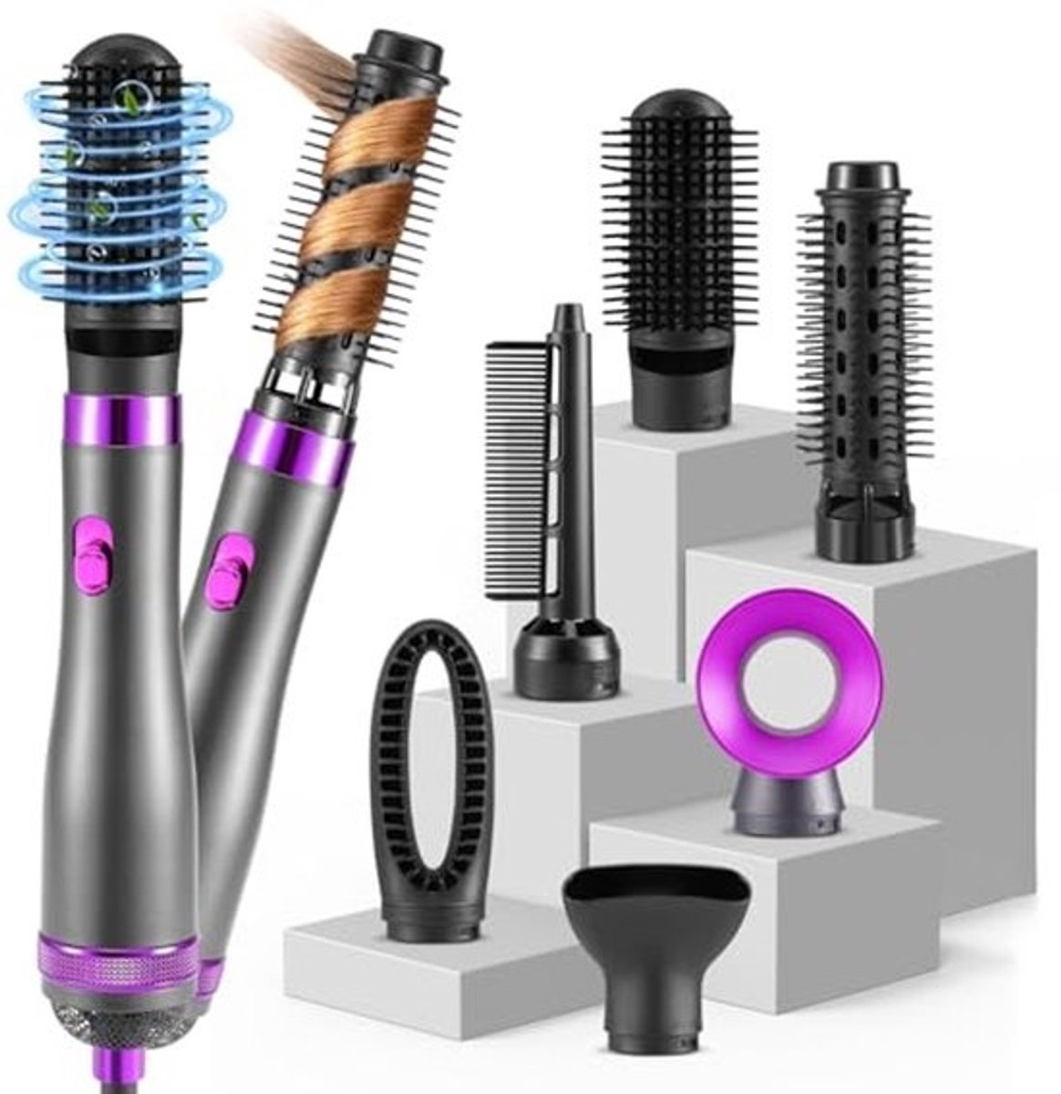 6-in-1 Haarstyler en Blazerborstel met 1000 W - Draagbare Haardrogerkam en Automatische Krultang