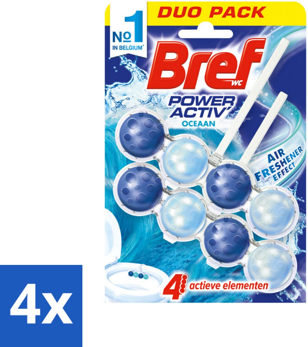 4 x Bref Toiletblok Power Active Ocean 2 stuks per verpakking - Toilet Schoonmaken - Toiletblok - Wc Reiniger - Anti-kalk - Fris Toilet