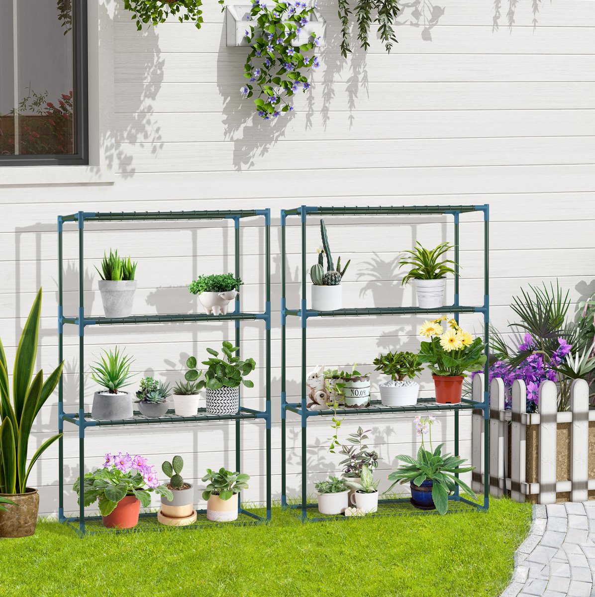 REDOM - Plantenrek - 2-delige set met vier etages - Open stellingkast - Voor planten en tuinspullen - Staal - Groen - 70 x 27 x 110 cm