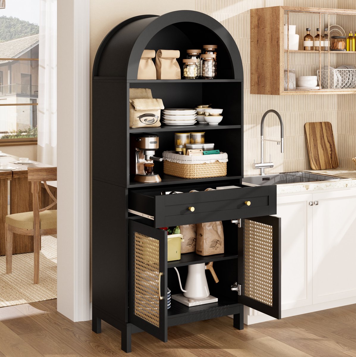 OKWISH Vitrinekast – Boho Rattan Deuren – 3 Open Vakken, 1 Lade En 2 Deuren – Voor Woonkamer En Hal – MDF En Spaanplaat Zwart Natuurlook – 70 x 40 x 170 Cm