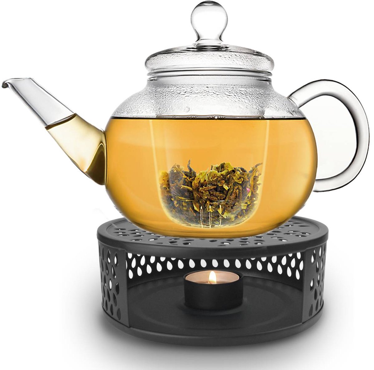 Creano glazen theepot 1,2l mit glazen zeef en zwart theelicht "Leaf"