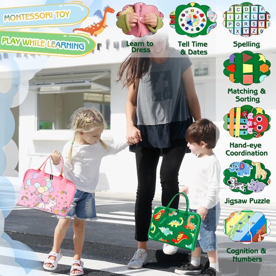 Montessori speelgoed busy board voor peuters - 8 pagina's Montessori Activiteitenboek voor kleuters - Voelbaar sensorisch activiteitenbord voor fijne motoriek - Educatief reisspeelgoed voor baby's, jongens en meisjes — afbeelding 5