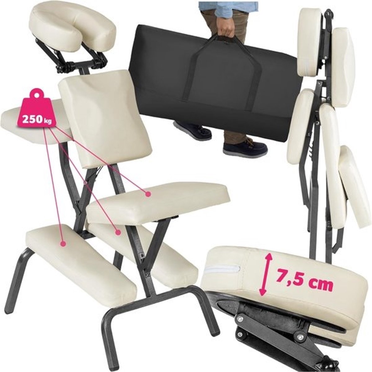 Opvouwbare Massagestoel - Ergonomische Tattoostoel - Draagbare Behandelstoel met Inclusief Draagtas - Beige