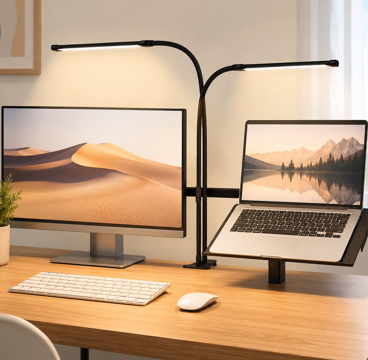 Lapamax LED Bureaulamp met Klem - Werklamp Dimbaar met 2 Verstelbare Lampkoppen & 2×70 cm Flexibele Zwanenhals - 10 Helderheidsstanden en 3 Lichtkleuren - Monitor Lamp - Klemlamp - Hobbylamp voor Tekenen, Naaien, Modelbouw en Werkplek -USB
