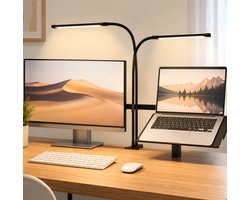 Lapamax LED Bureaulamp met Klem - Werklamp Dimbaar met 2 Verstelbare Lampkoppen & 2×70 cm Flexibele Zwanenhals - 10 Helderheidsstanden en 3 Lichtkleuren - Monitor Lamp - Klemlamp - Hobbylamp voor Tekenen, Naaien, Modelbouw en Werkplek -USB
