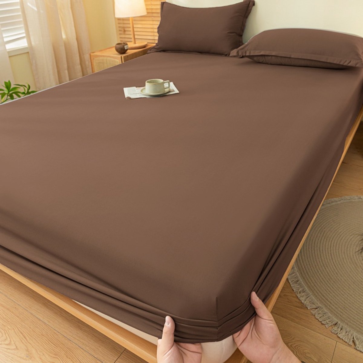 Hoeslaken, dekbedovertrek, effen katoenen sprei, matrashoes (1 stuk)-bruin-90*200cm
