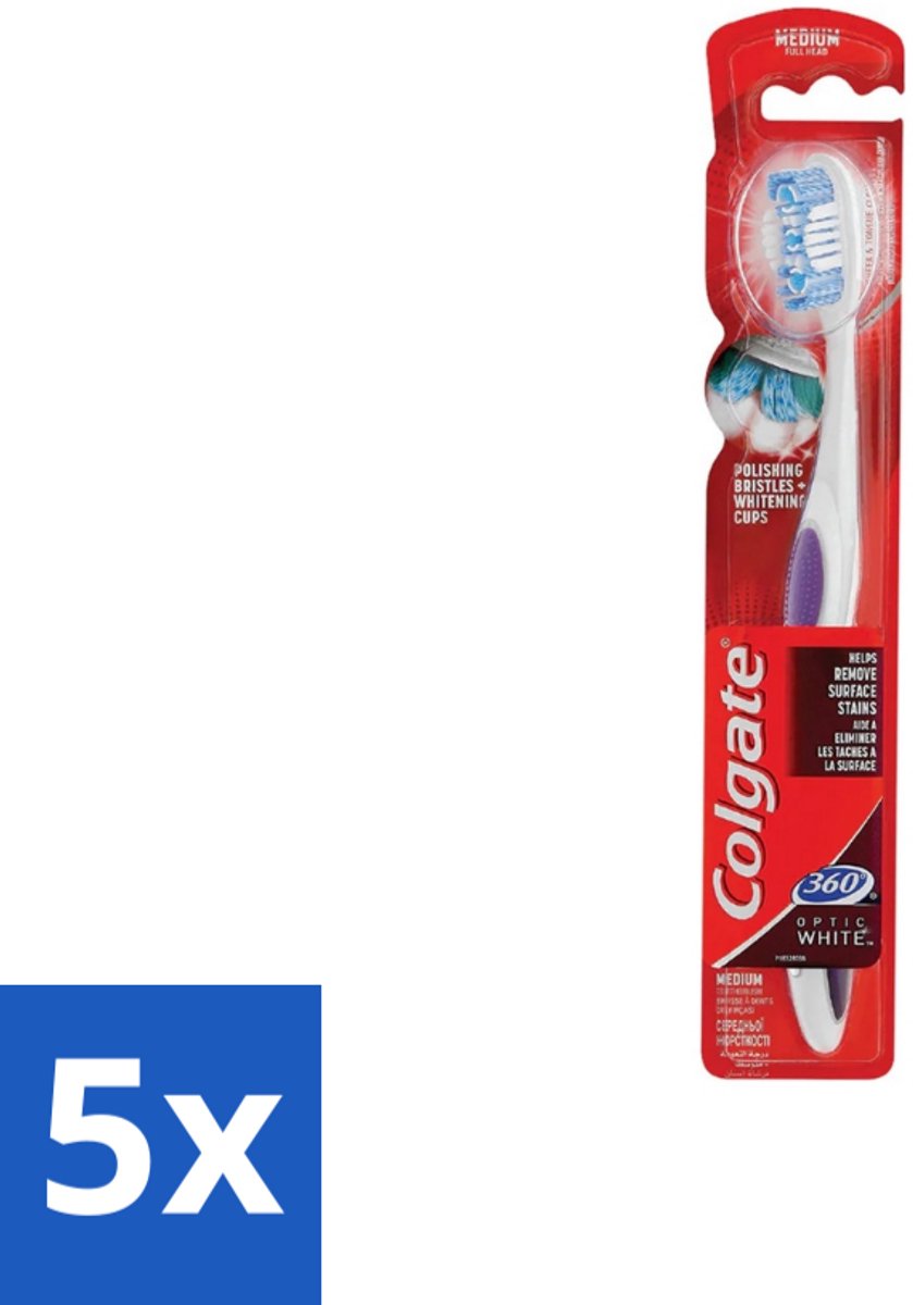 5 x Colgate - Tandenborstel - 360 Optic White Medium- Wit - 1 Tandenborstel - Tandenborstel - Tanden Reinigen - Mondverzorging - Wittere Tanden - 360° Reiniging