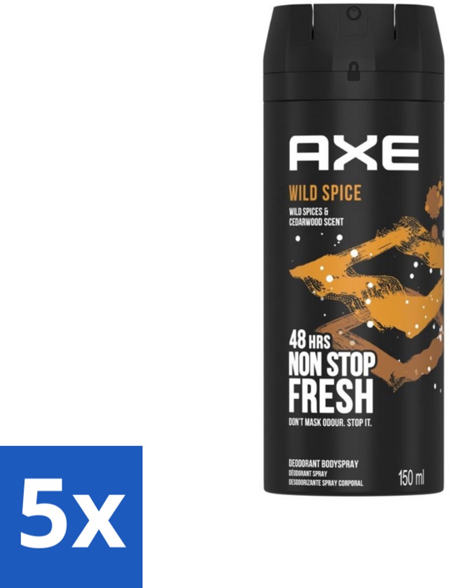 5 x Axe - Deodorant Bodyspray - 48hrs Non Stop Fresh - Wild Spice - Wild Spices & Cedarwood - 150 ml - Axe Wild Spice - Deodorant Bodyspray - 48 Uur Fris - Anti-geur - Cederhout Geur