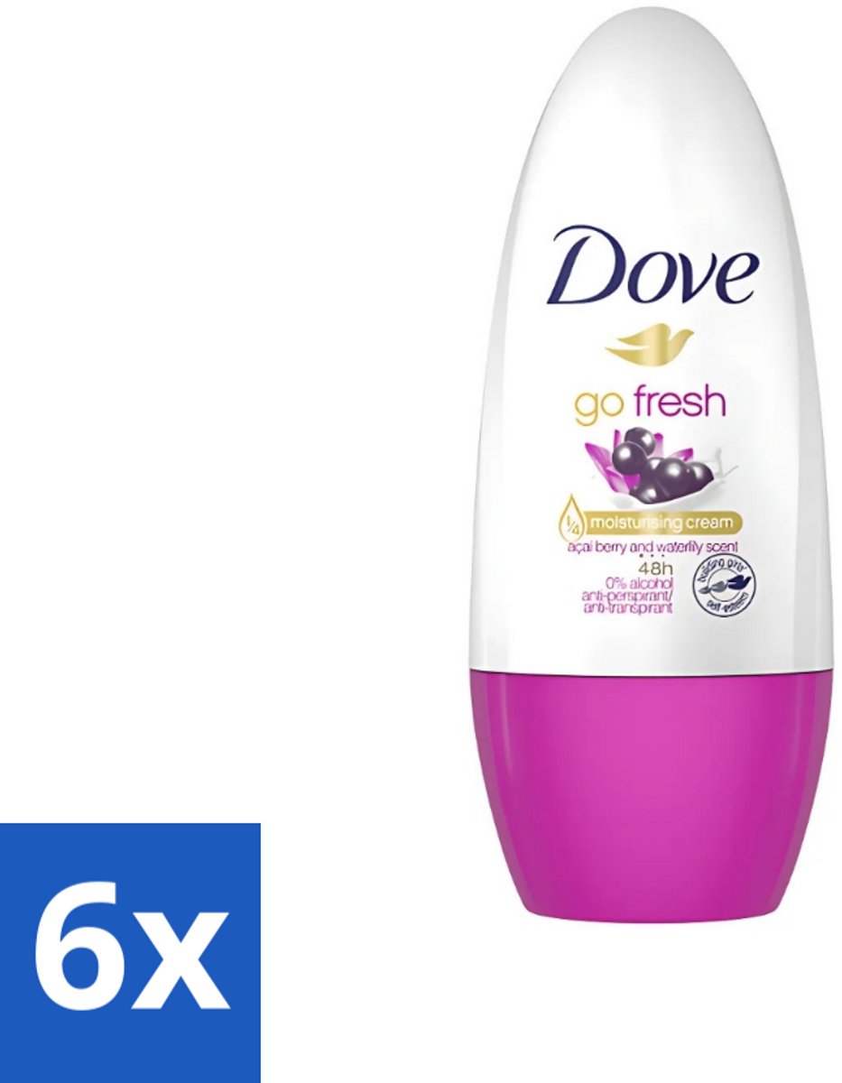 6 x Dove - Deodorant - Roller Go Fresh Acai Berry & Waterlily - Frisse geur - 50 ml - Açaí Berry & Waterlily - Frisheid - Anti-transpirant - Roll-on Deodorant - Okselhuid Verzorging
