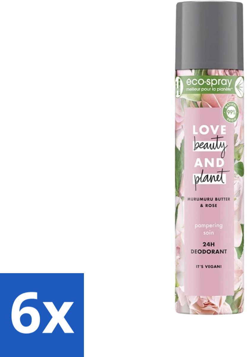 6 x Love Beauty and Planet - Deospray - Murumuru Butter & Rose - 75 ml - Deospray - Murumuru Boter - Roze Geur - Vegan Deodorant - Natuurlijke Deodorant