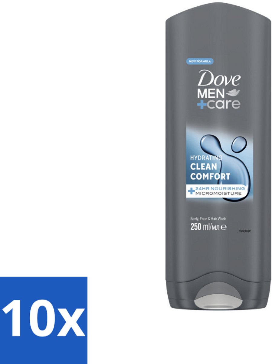 10 x Dove Douchegel Men+ Care Clean Comfort 250 ml - Douchegel - Fris - Energieke Geur - Hydraterende Douchegel - Zachte Huid