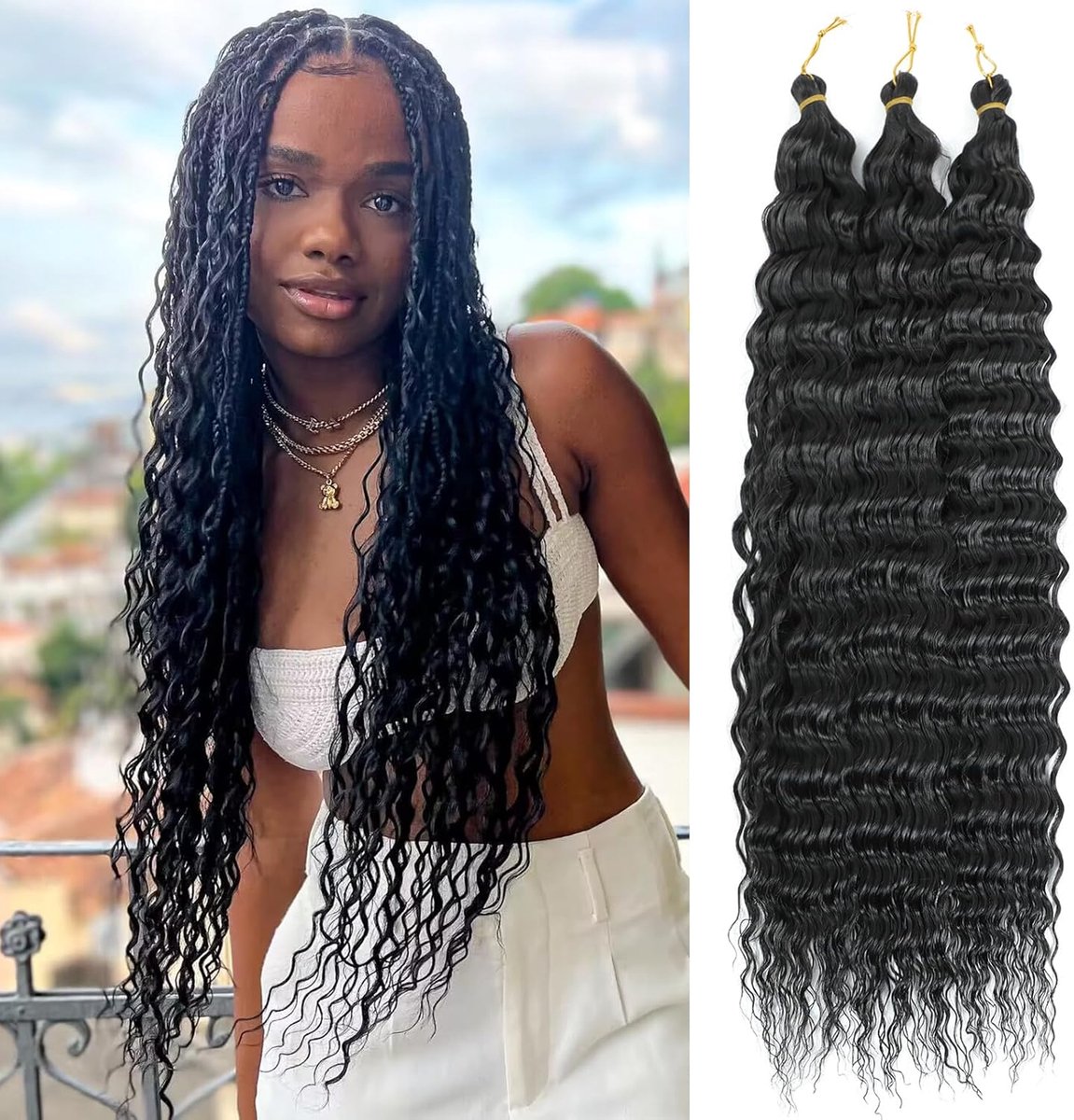 SnelShoppen - Ocean Wave Haarextensies Diepe Golf Vlechten Haak Haar Zacht Synthetisch Krullend Vlecht Haar voor Zwarte Vrouwen (1B, 22 inch, 3 stuks)