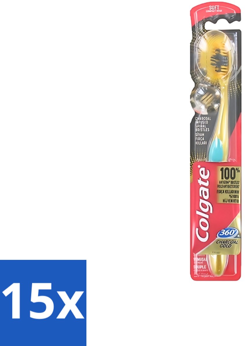 Colgate - Tandenborstel - 360 Charcoal Gold Soft - Zwart/Goud - 1 Tandenborstel - Bulkverpakking - 15 stuks