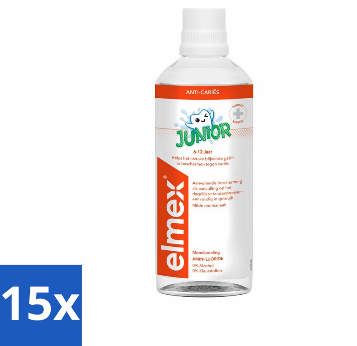 15 x Elmex Mondspoeling Junior (5-12 Jaar) 400 ml - Tandspoeling Voor Jongeren - Gaatjesbescherming - Aminfluoride - Beugelbescherming - Alcoholvrije Mondspoeling