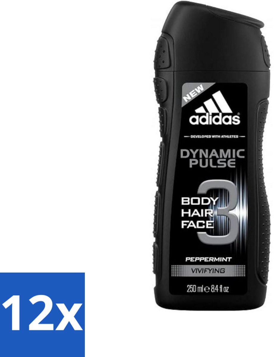 12 x Adidas - 3-in-1 Douchegel - Dynamic Pulse - Pepermunt - Vivifying - 250 ml - Douchegel - 3-in-1 - Lichaam - Gezicht - Haar