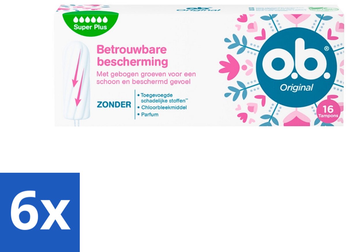 6 x o.b. Tampons - Original Super Plus - Voor Extra Bescherming en Comfort - 16 Tampons - Tampons - Menstruatiebescherming - Super Plus Tampons - Bescherming Tegen Lekkage - Plantaardige Kern