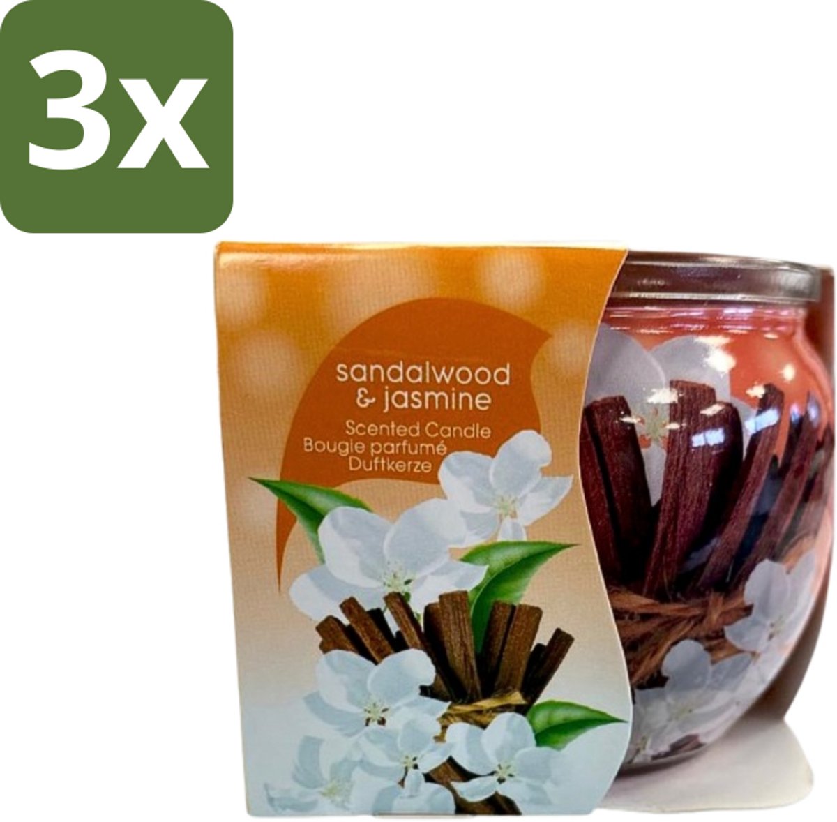 3 x At Home - Scents - Geurkaars - Sandalwood & Jasmin - 70 g - Geurkaars - Sandelhout - Jasmijn - Thuisgeur - Rustgevende Geur