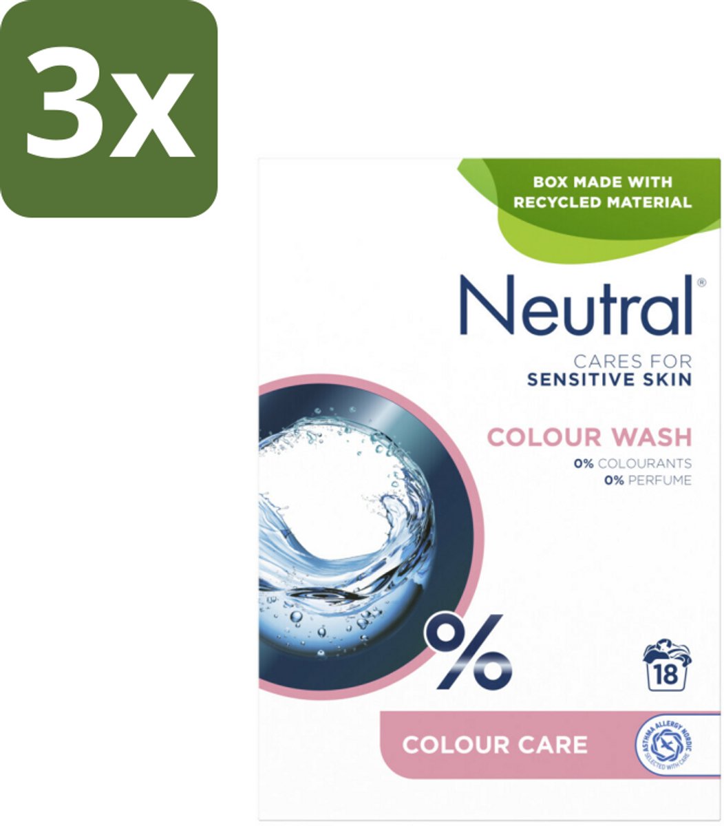 3 x Neutral Waspoeder Kleur 18 Wasbeurten 1,187 kg - Waspoeder - Waspoeder Kleur - Waspoeder Parfumvrij - Waspoeder Gevoelige Huid - Waspoeder 0% Parfum