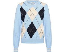 HV Society trui lichtblauw met ruitmotief in donkerblauw en ecru voor dames - S (36)