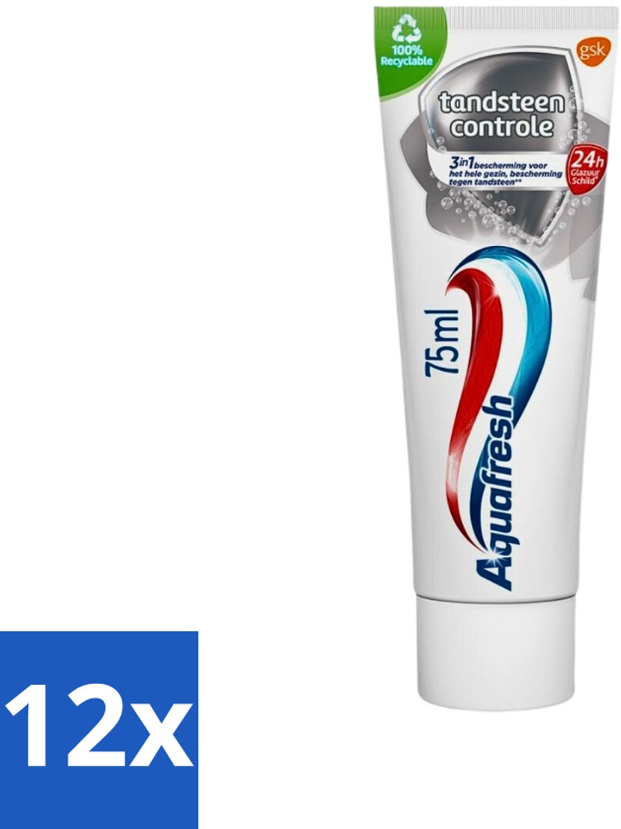 12 x Aquafresh Tandpasta Tandsteen Controle Frisse Adem 75 ml - Tandsteen Controle - Tandpasta - Tandplak Verwijderen - Bescherming Tegen Tandsteen - Gezond Tandvlees