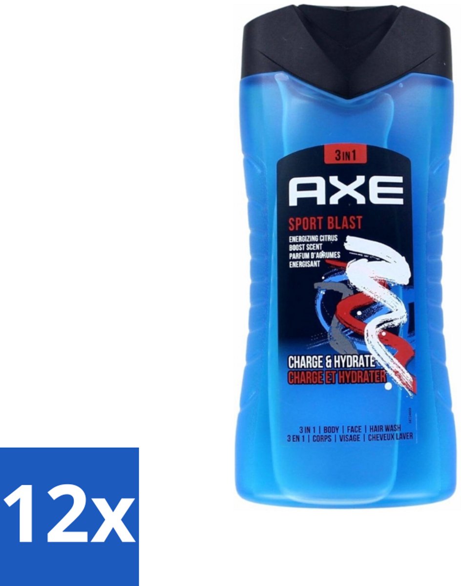 12 x Axe - 3-in-1 Douchegel - Sport Blast - Energizing Citrus - Hydraterend - 250 ml - Douchegel Sport - Sportgeur - Hydraterende Douchegel - Frisheid Na Training - Huid Verzorging