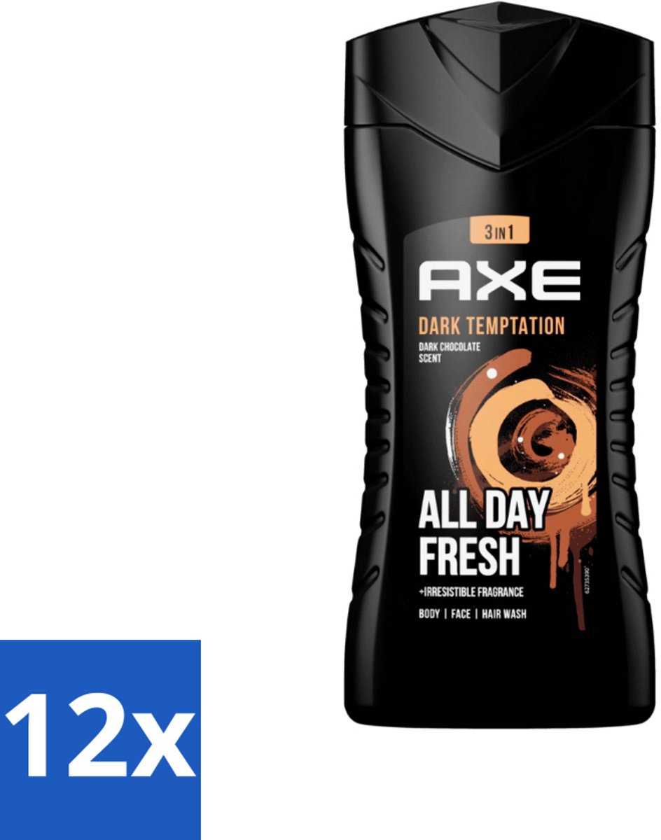 12 x Axe - 3-in-1 Douchegel - Dark Temptation - Dark Chocolate - 250 ml - Axe Dark Temptation Douchegel - 3-in-1 Douchegel - Chocolade Geur - Douchegel Voor Lichaam - Douchegel Voor Gezicht